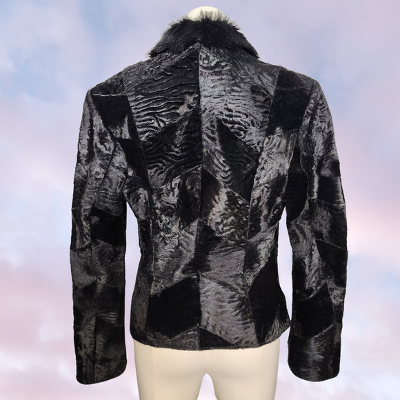 Vtg 90s Y2K Black Fur Leather Patchwork Collared Fuzzy Goth Vampy Jacket Sz M - Picture 4 of 9
